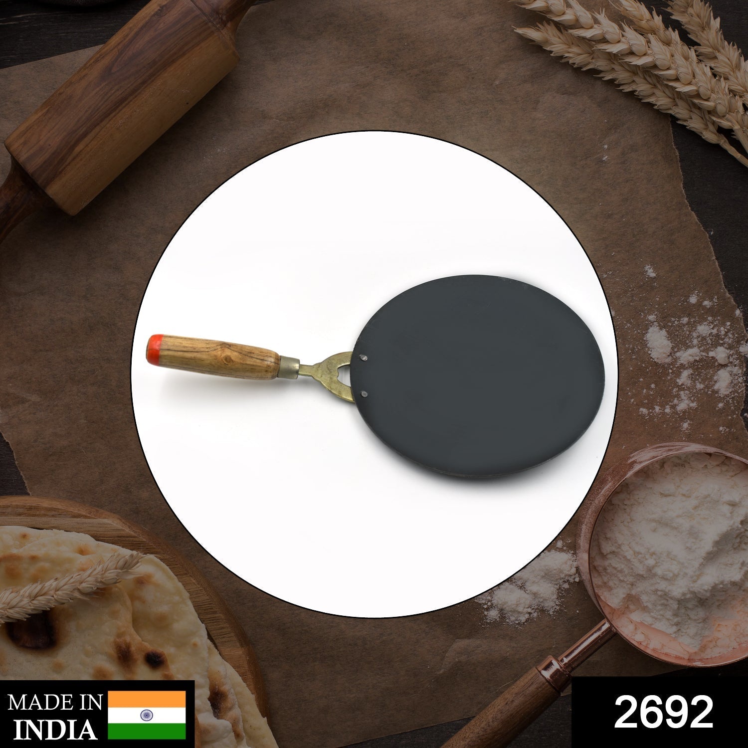 2692 Wooden Handle Roti Tawa Used In All Household And Kitchen Purposes For Making Rotis And Parathas Etc. 2692 Wooden Handle Roti Tawa Used In All Household And Kitchen Purposes For Making Rotis And Parathas Etc.